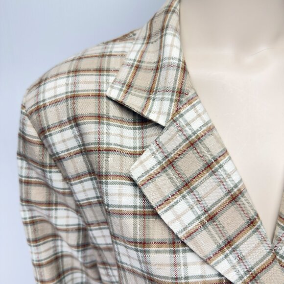 VINTAGE Plaid Belted Academia Canada Beige Red Brown Sage Light Blazer M - Picture 7 of 8